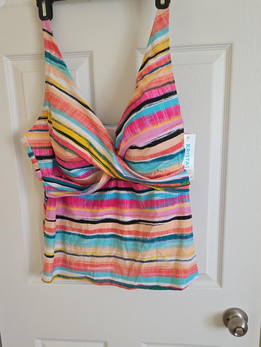 Krista Multi-Stripe V-Neck Women’s Swim Tankini Top - Pink/Teal/Yellow